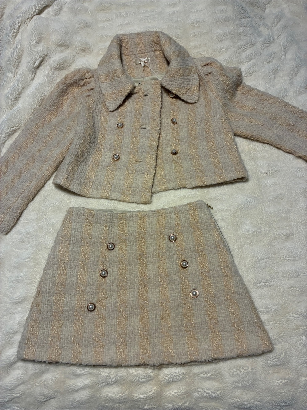 LoveShackFancy Cream and Light Gold Tweed Jacket and Skirt